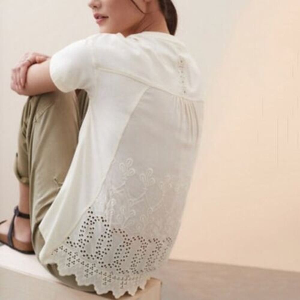Anthropologie Tiny Embroidered Ivory Eyelet Top - Small Petite (SP)